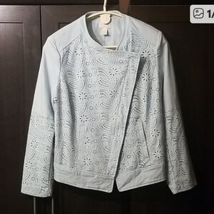 Chicos Moto Jacket, L, Powder Blue, Lightweight Faux Suede, Laser Cutwork Design
